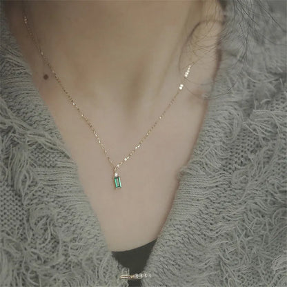 925 Sterling Silver European Simple Square Green Crystal Pendant Clavicle Chain Necklace Women Classic Plating 14k Gold Jewelry