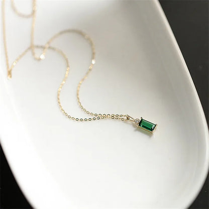 925 Sterling Silver European Simple Square Green Crystal Pendant Clavicle Chain Necklace Women Classic Plating 14k Gold Jewelry