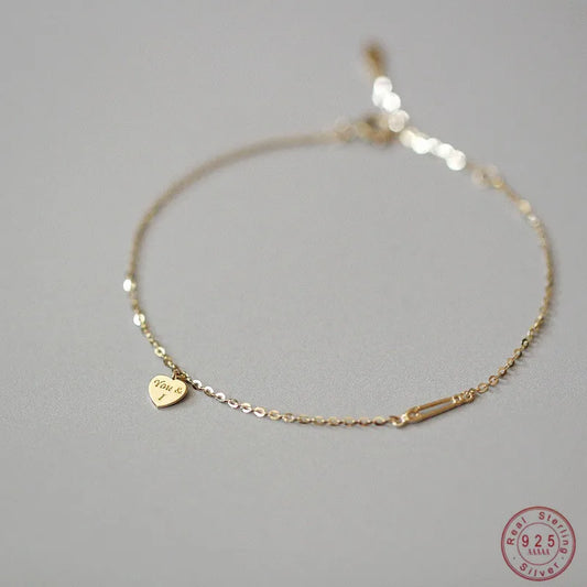 925 Sterling Silver Plated 14K Gold Temperament Simple Heart Bracelet for Women Girlfriend Valentine's Day Gift Jewelry