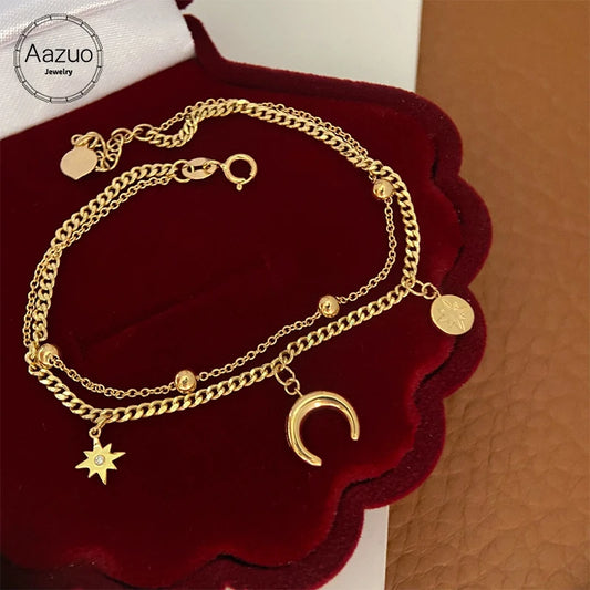 Aazuo Real 18K Solid Yellow Gold Real Diamond Classic Moon Star Double Chains Bracelet Gift For Lady&Kids Birthday Party Au750